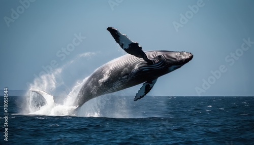  a humpback whale jumping out of the water with it's mouth open and it's tail spouting out of the water while it's tail is out of the water. photo