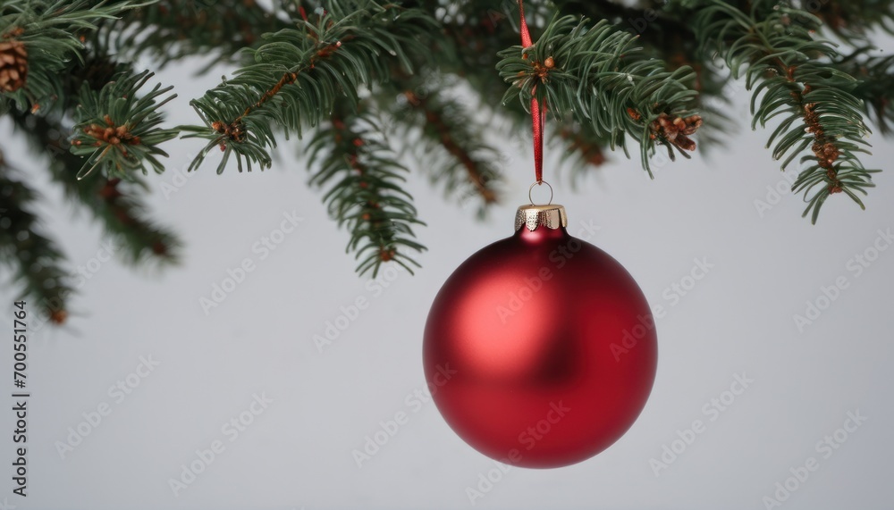 a red ornament hanging from a christmas tree branch with pine cones and cones on top of the ornament and a pine cone hanging from the branch.