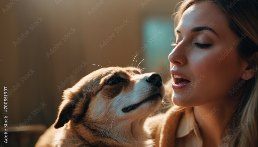  a woman holding a dog in her lap and looking at it's face with a surprised look on her face as she licks the dog's nose. - obrazy, fototapety, plakaty 