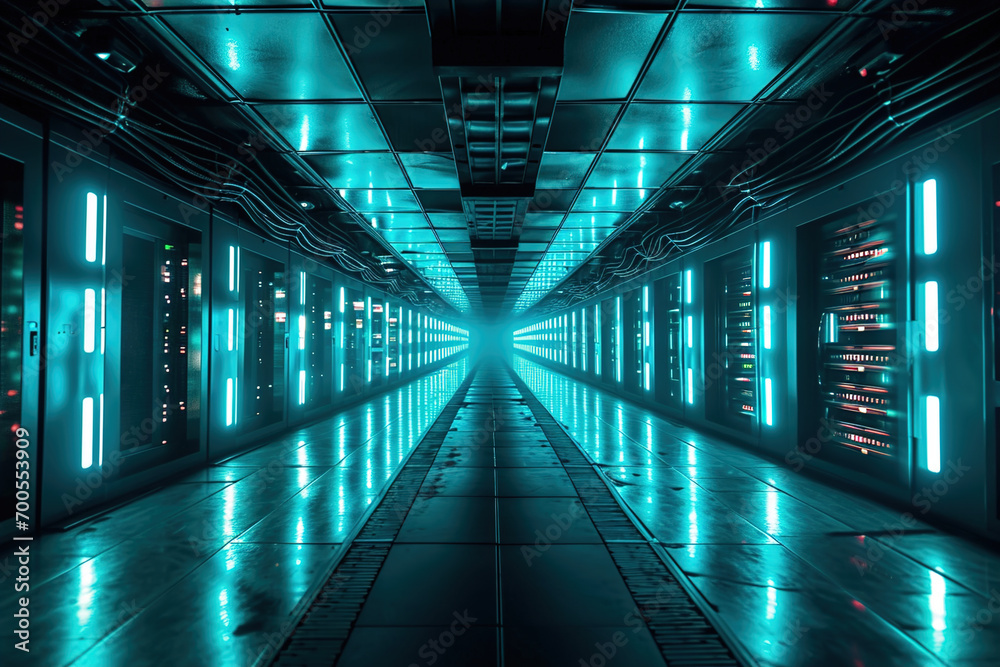 Hall with super computer of the future. Many computer units connected in common. Hall with super computer of the future. Many computer units connected in common.