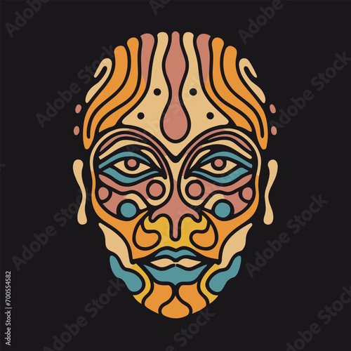Colorful abstract mask made of liquid shapes isolated on black background. Vector illustration for t-shirt. Abstract Art in White Pink Yellow Blue Colors, using a Negative Space