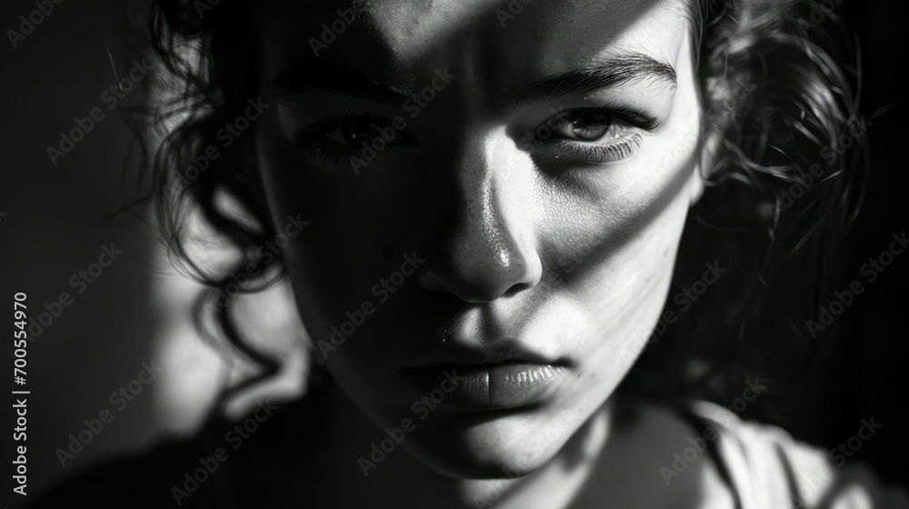 Monochromatic Portrait with Shadows: A dramatic woman portrait with strong shadows and highlights, captured in monochrome Monochromatic Portrait with Shadows: A dramatic woman portrait with strong shadows and highlights, captured in monochrome