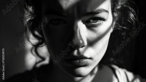 Monochromatic Portrait with Shadows: A dramatic woman portrait with strong shadows and highlights, captured in monochrome