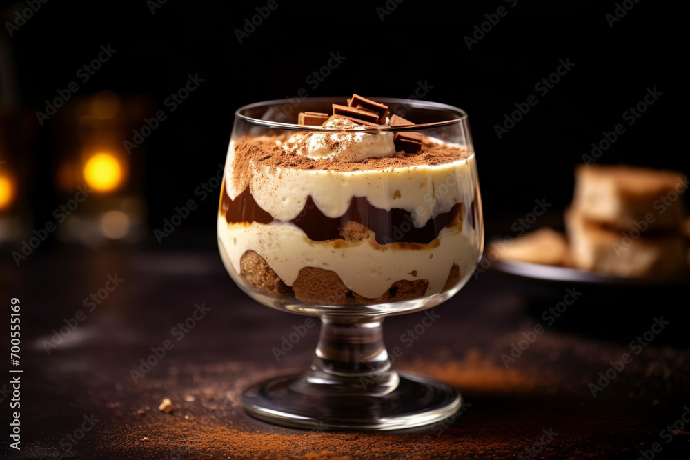 A stunning glass of tiramisu dessert is on a dark background. (Generative AI) A stunning glass of tiramisu dessert is on a dark background. (Generative AI)