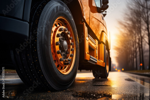 A close-up of an orange off-road tire, Generative AI 