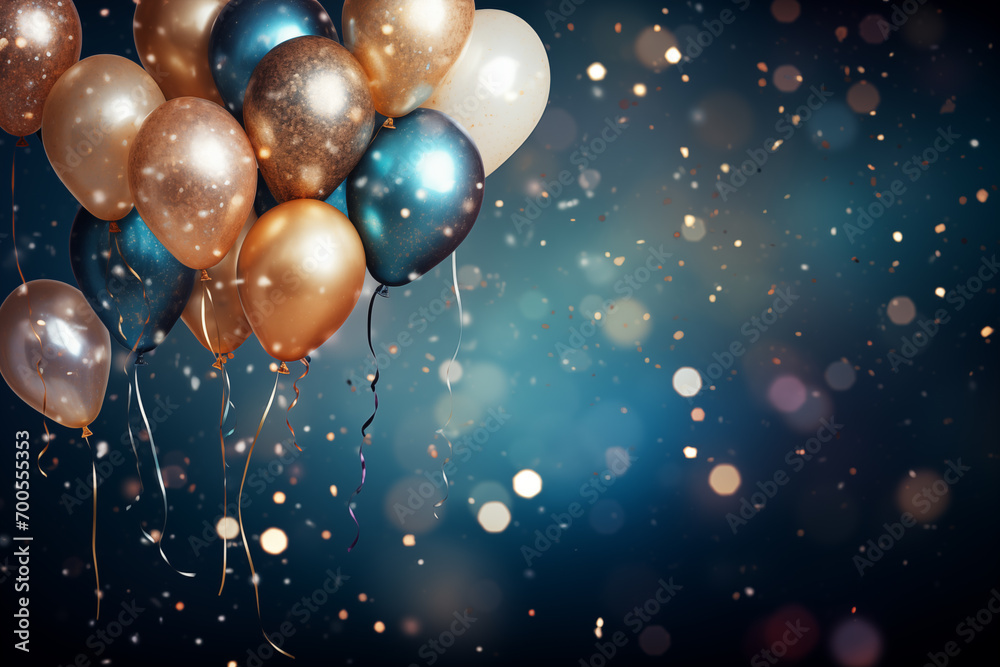 Balloons with confetti and bokeh light on background. Anniversary, celebration concept, Free space Balloons with confetti and bokeh light on background. Anniversary, celebration concept, Free space