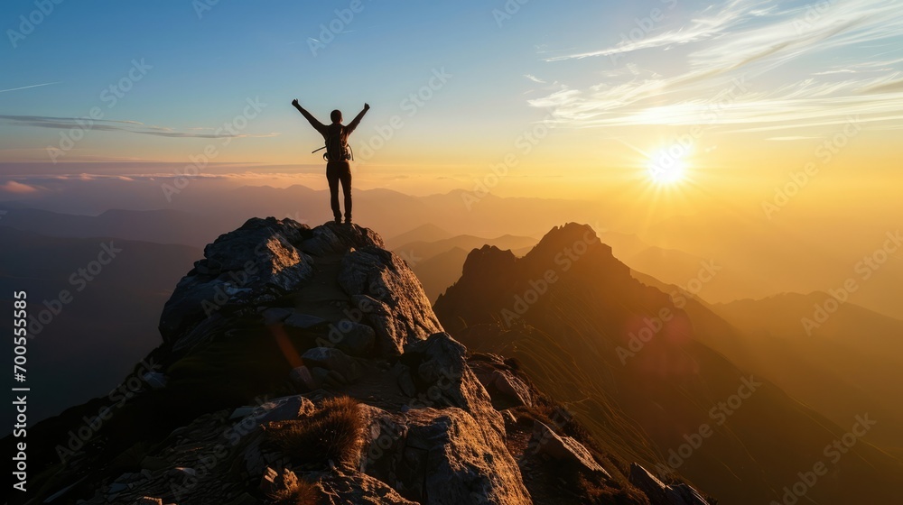 Mountain Hiker Silhouette, A hiker with arms raise at top of hill Mountain Hiker Silhouette, A hiker with arms raise at top of hill
