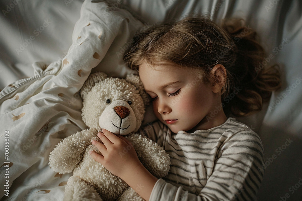 serene photo featuring a child peacefully cuddling with a soft toy, highlighting the calm and relaxation that comes with the gentle embrace of a cherished plush friend. Minimalisti