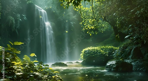 Waterfall in a tropical forest with floating fireflies. The concept of peaceful nature and purity. photo