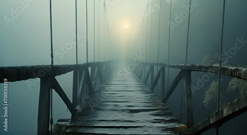 Foggy suspension bridge vanishing into the unknown. The concept of journey and uncertainty. photo