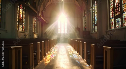 Colored church windows with rays of light shining through. The concept of faith and inspiration. photo