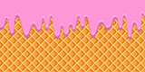 Wafer pattern with dripping drops of molten liquid pink cream. Realistic wafer background. Ice cream cone texture. Vector illustration