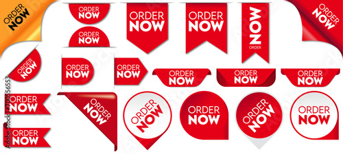 Order now red ribbons bookmark or banner corner vector illustration. Online shopping web banners, tags, flags and curved ribbon collection.
