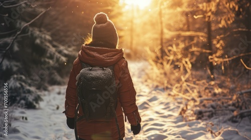 Outdoor Walk in Nature: A person taking a brisk walk in a winter landscape, wrapped up warmly, illustrating the importance of natural light and exercise for mood improvement photo
