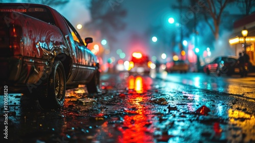Car crash on a wet road at night with city lights on background. photo