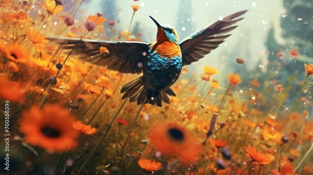A painting of a long-beaked bird in a field of flower Ai Generative A painting of a long-beaked bird in a field of flower Ai Generative