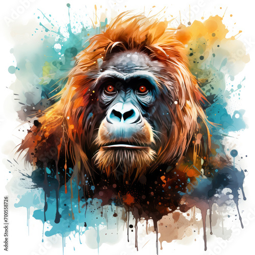 Watercolor Colorful Orangutan Illustration, Generative Ai