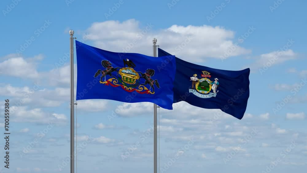 Maine and Pennsylvania US state flags waving together on cloudy sky, endless seamless loop