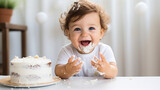 Happy baby's first birthday cake smash, joyful toddler with messy face, white frosted cake, celebration concept. AI Generative