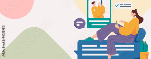 Virtual characters social communication concept business flat vector hand drawn illustration
