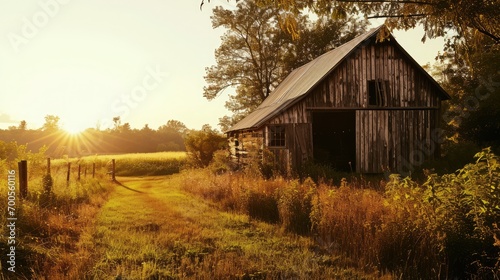 Rural Golden Hour of rustic barn or farmhouse