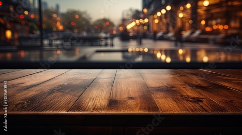 Empty wooden table in front of blurred street bar