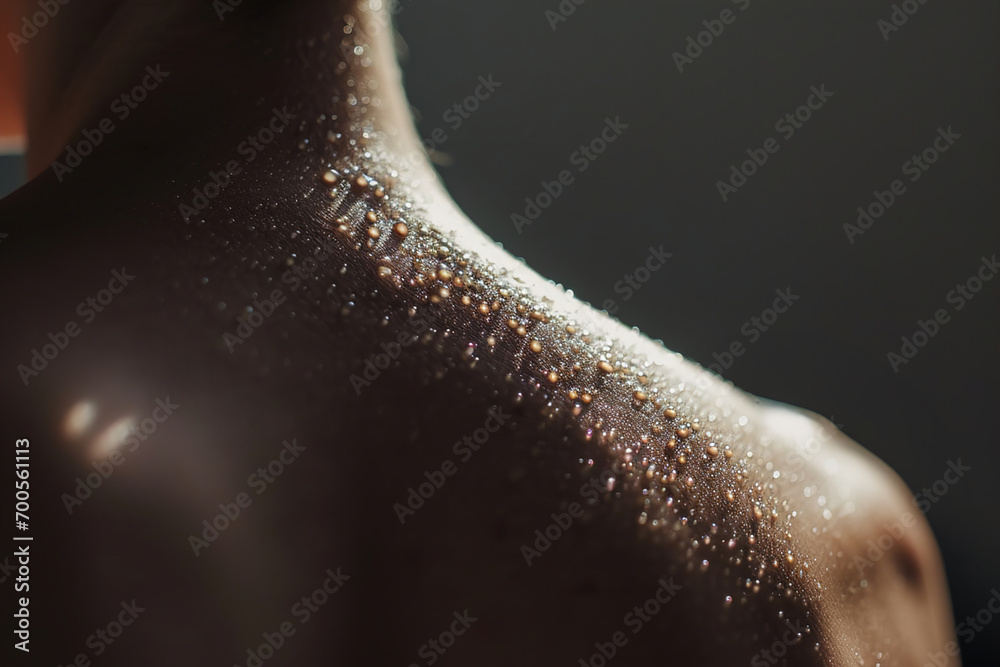 Sweaty human body. Beads of sweat on his shoulder and back. - obrazy, fototapety, plakaty 