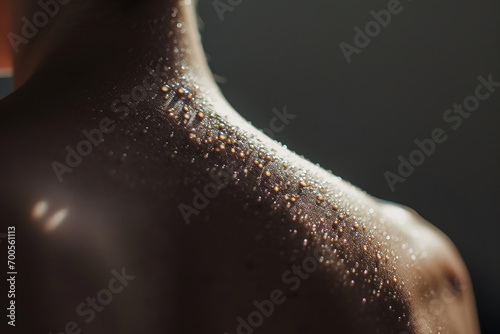 Sweaty human body. Beads of sweat on his shoulder and back. photo