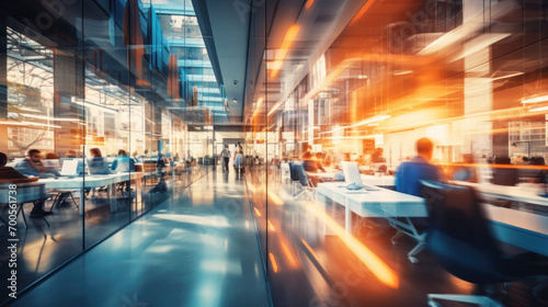 Fast motion blurred background of modern business office interior. Unfocused office with people working. Generative Ai