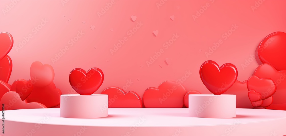 Love red heart with podium background. Pink background. clean.