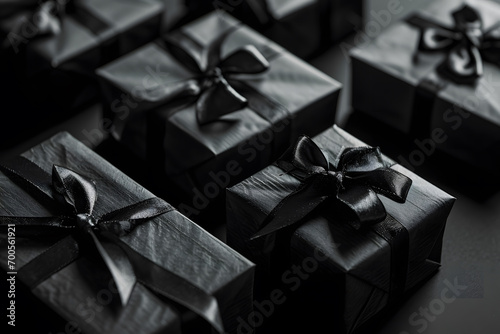 Black Gift Boxes Presented on a Sleek Black Background, Embracing a Chic and Minimalist Aesthetic Elegance in Darkness