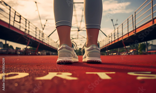 the person standing next to a red running track, new begging  photo