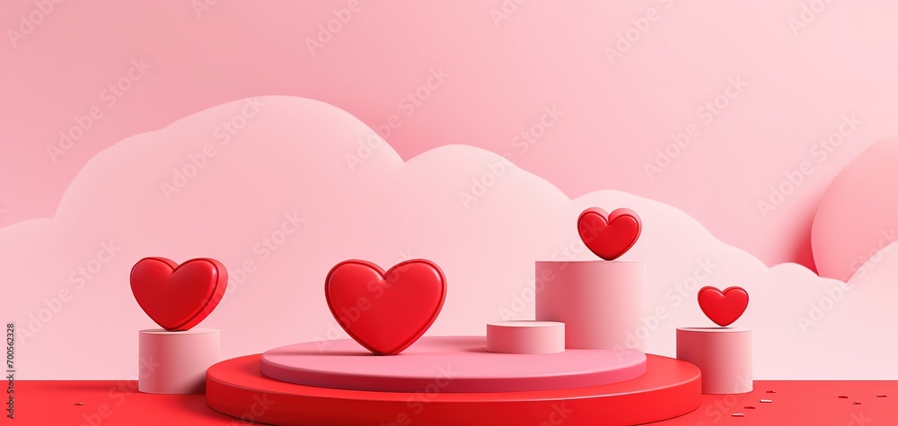 Love red heart with podium background. Pink background. clean.