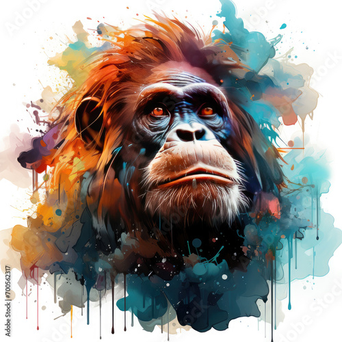 Watercolor Colorful Orangutan Illustration, Generative Ai