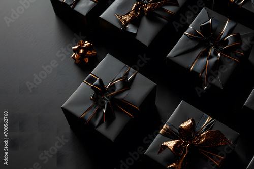 Black Gift Boxes Presented on a Sleek Black Background, Embracing a Chic and Minimalist Aesthetic Elegance in Darkness photo