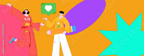 Virtual characters social communication concept business flat vector hand drawn illustration
