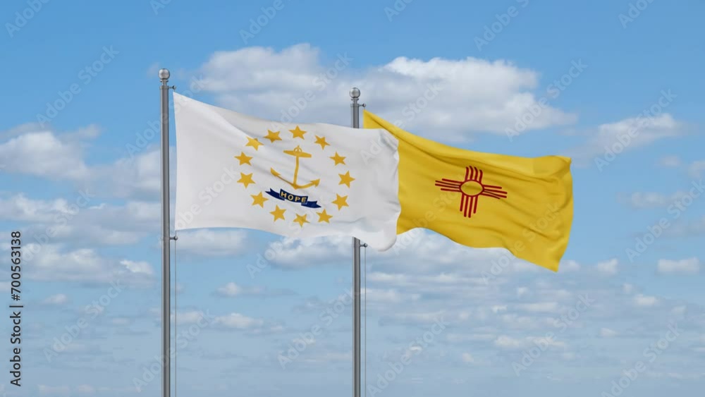 New Mexico and Rhode Island US state flags waving together on cloudy sky, endless seamless loop