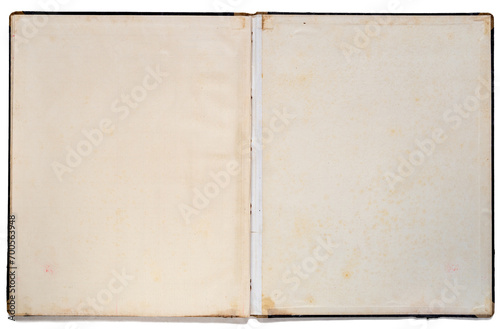 Foto Blank inside double page of a antique ledger accounting book with fabric spine