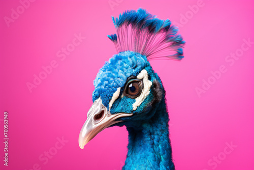 Head of peacock bird in front of pink studio background