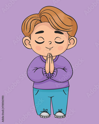 Praying boy with folded hands in prayer. Religious believer male child character. Kids collection.