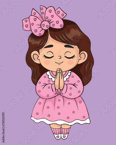 Cute little praying child girl in pink dress with long hair. Vector illustration. Religious believer child character. Kids collection.