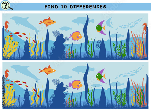 Find 10 differences. Underwater with fish, stones, sea plant, sand. Educational logical game for children. Vector illustration.