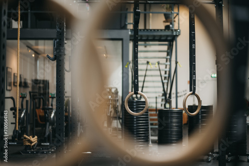 Gym equipment shot with perspective through blurry rings photo