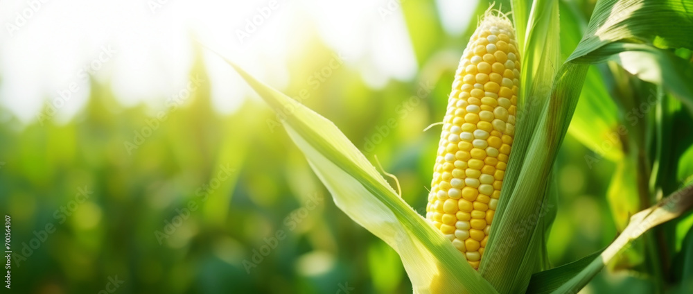 Close-up of ripe golden corn cobs in corn plantation field. Agriculture background. Generative AI - obrazy, fototapety, plakaty 