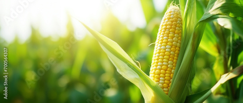 Close-up of ripe golden corn cobs in corn plantation field. Agriculture background. Generative AI photo