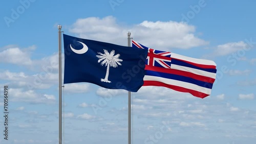 Hawaii and South Carolina US state flags waving together on cloudy sky, endless seamless loop photo