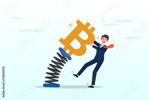 Businessman trader holding swing unstable Bitcoin, Bitcoin and cryptocurrency volatility, investment and speculation risk, price fluctuation and uncertainty, crypto value swing up and down (Vector)