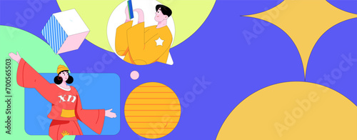 Virtual characters social communication concept business flat vector hand drawn illustration
