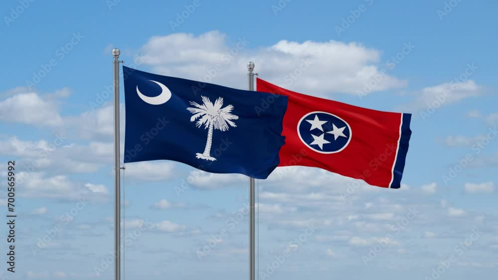 Tennessee and South Carolina US state flags waving together on cloudy sky, endless seamless loop Tennessee and South Carolina US state flags waving together on cloudy sky, endless seamless loop