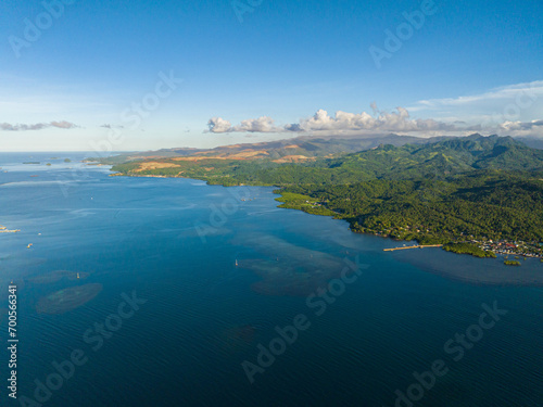 Top view of Tropical Island with deep blue sea. Mindanao, Philippines. Seascape.